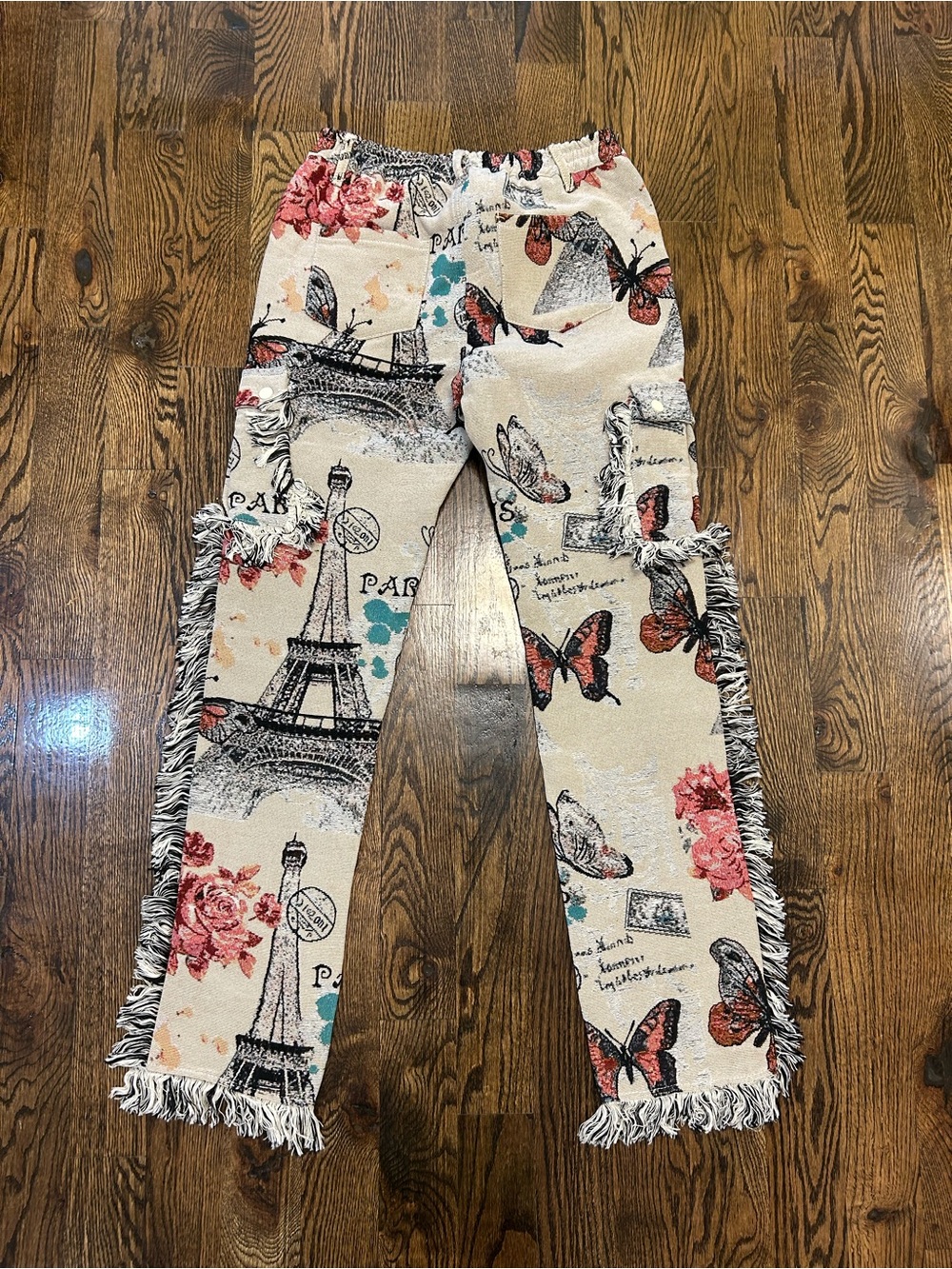 Butterfly & Eiffel Printed Fringe Joggers - Cream with Coral Accents